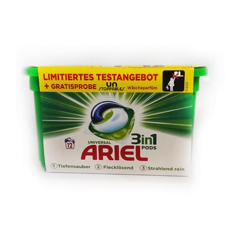ژل قرص  12 عددی ماشین لباسشویی مخصوص انواع لباسها و یک بسته خوشبو کننده ماشین  ARIEL UNIVERSAL 3in1 PODS