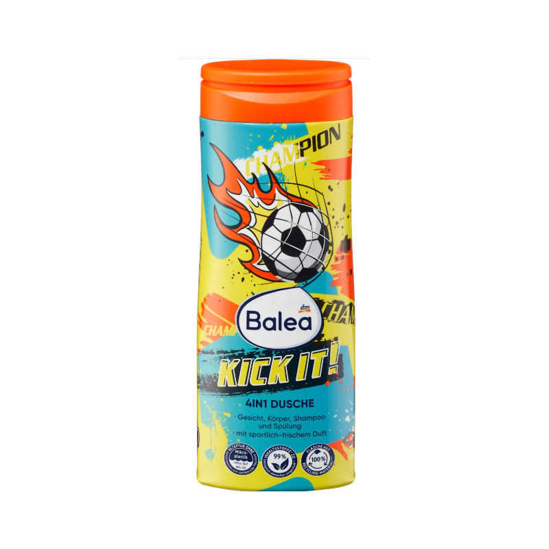 شامپو بچگانه سر+بدن+صورت+نرم کننده مو balea 4 in 1 dusche  kick it