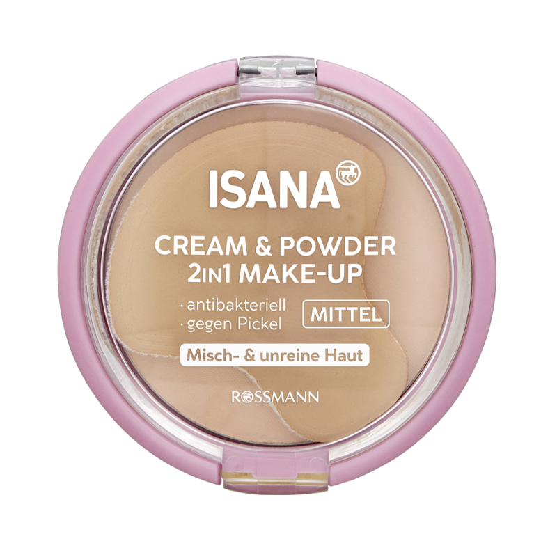 پنکک ضد جوش مخصوص پوست مختلط تا چرب رنگ متوسط isana cream &powder 2in1  mittel