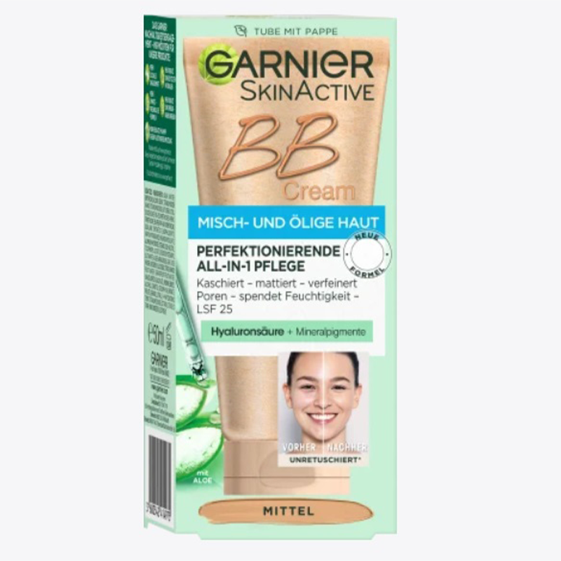 بی بی کرم حاوی آبرسان و spf25 مخصوص پوست نرمال+مختلط+چرب GARNIER BB crème mittel