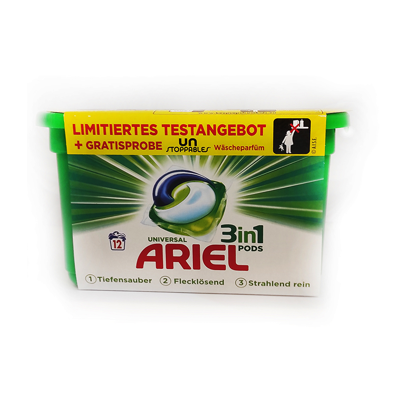 ژل قرص  12 عددی ماشین لباسشویی مخصوص انواع لباسها و یک بسته خوشبو کننده ماشین  ARIEL UNIVERSAL 3in1 PODS